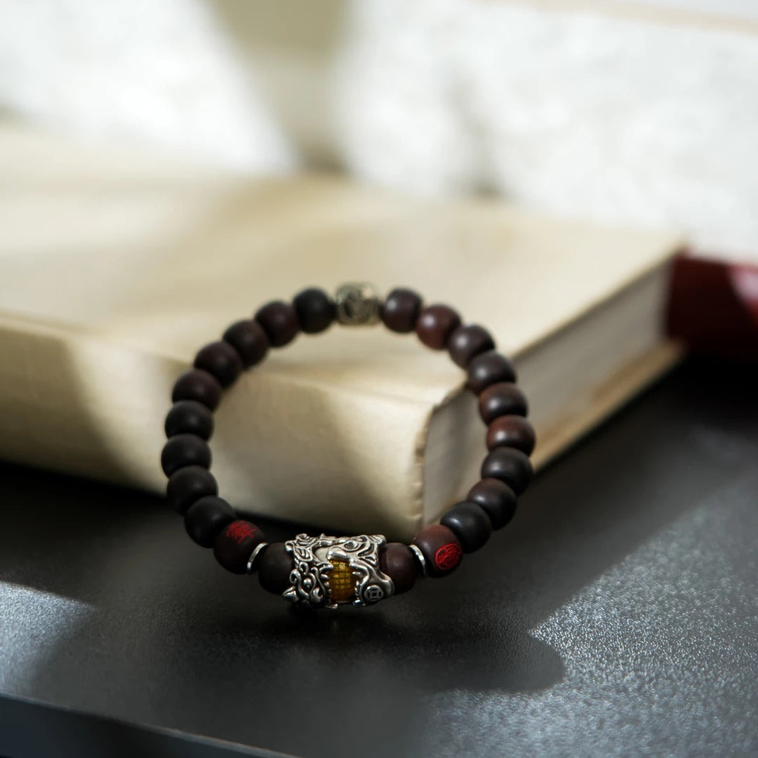 Pi Xiu Jade-Infused Thunder Jujube Bracelet Traditional Chinese Thunder Jujube Wood Bracelet Hundred Blessings Jewelry