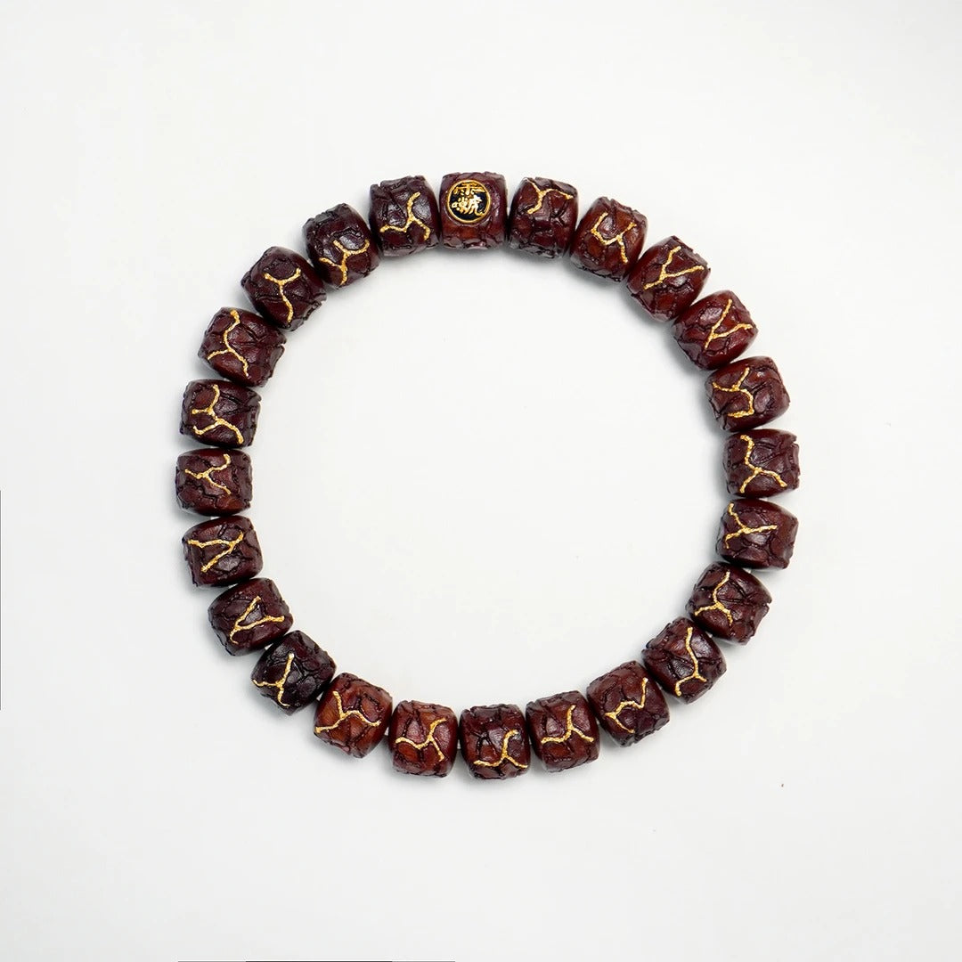 Thunder-Patterned Lightning-Grain Jujube Wood Bracelet with Gold Inlay Traditional Chinese Lightning-Patterned Jujube Wood Bracelet Unisex Decorative Accessory