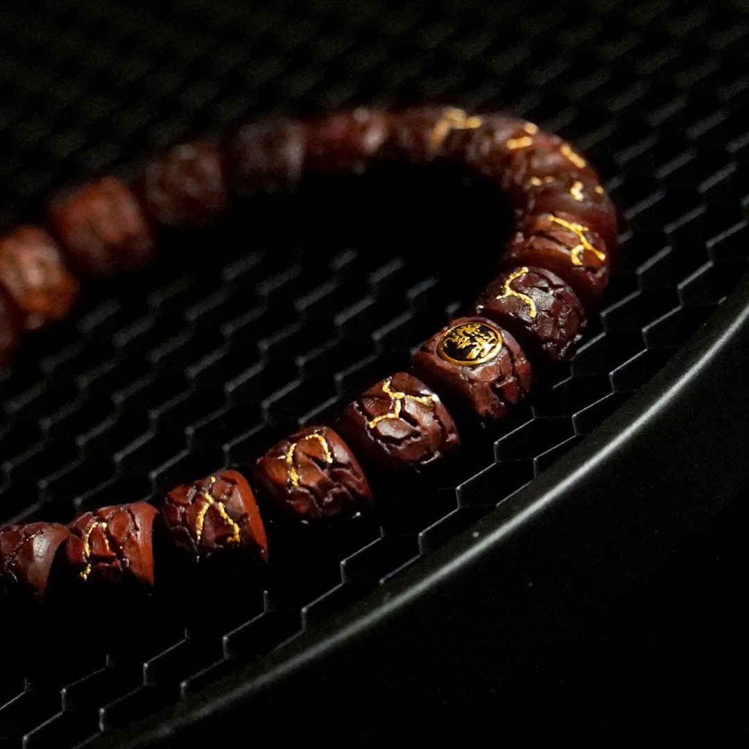 Thunder-Patterned Lightning-Grain Jujube Wood Bracelet with Gold Inlay Traditional Chinese Lightning-Patterned Jujube Wood Bracelet Unisex Decorative Accessory
